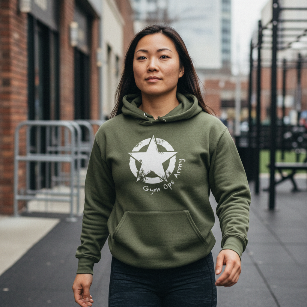 Athletic Asian woman in Gym Ops Army hoodie