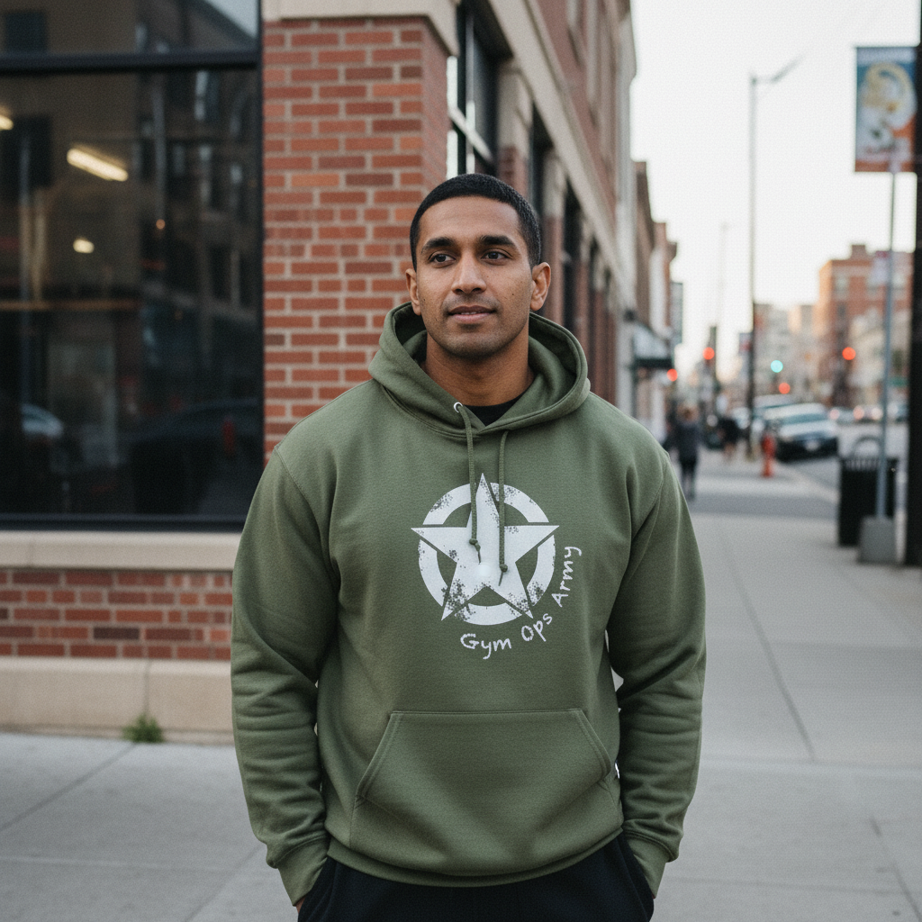 Athletic East Indian man in Gym Ops Army hoodie