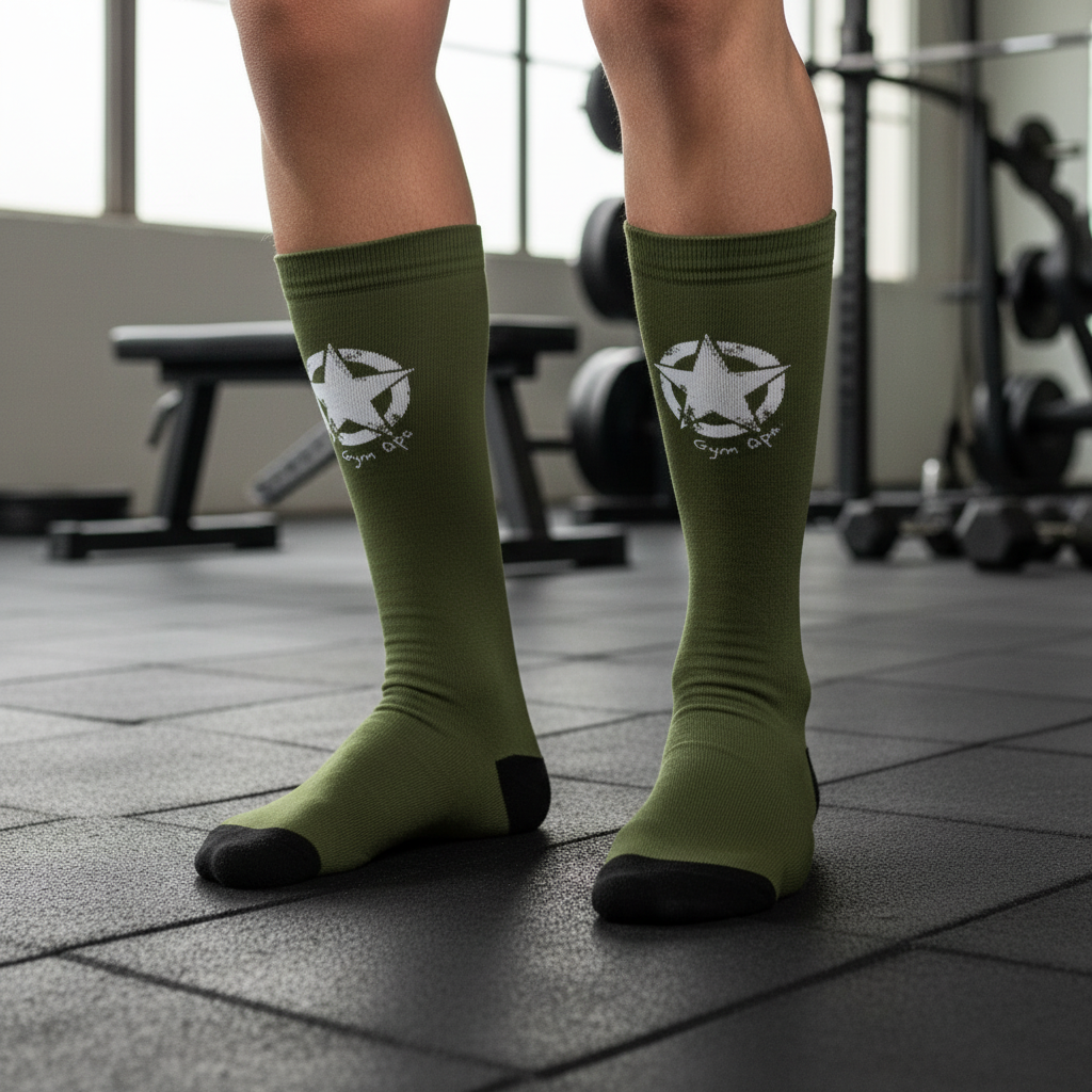 Athletic man wearing Gym Ops Army socks with circular logo