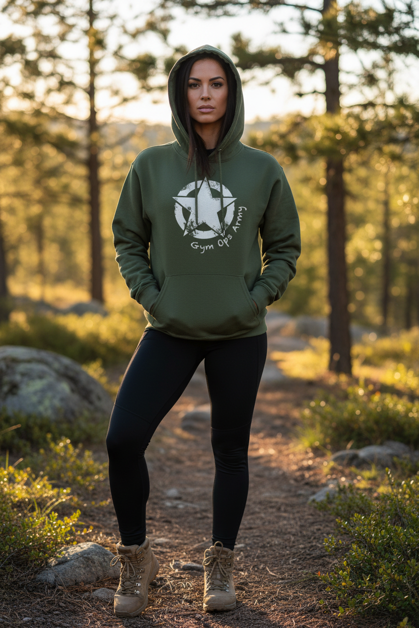 Attractive woman in Gym Ops Army hoodie outdoors
