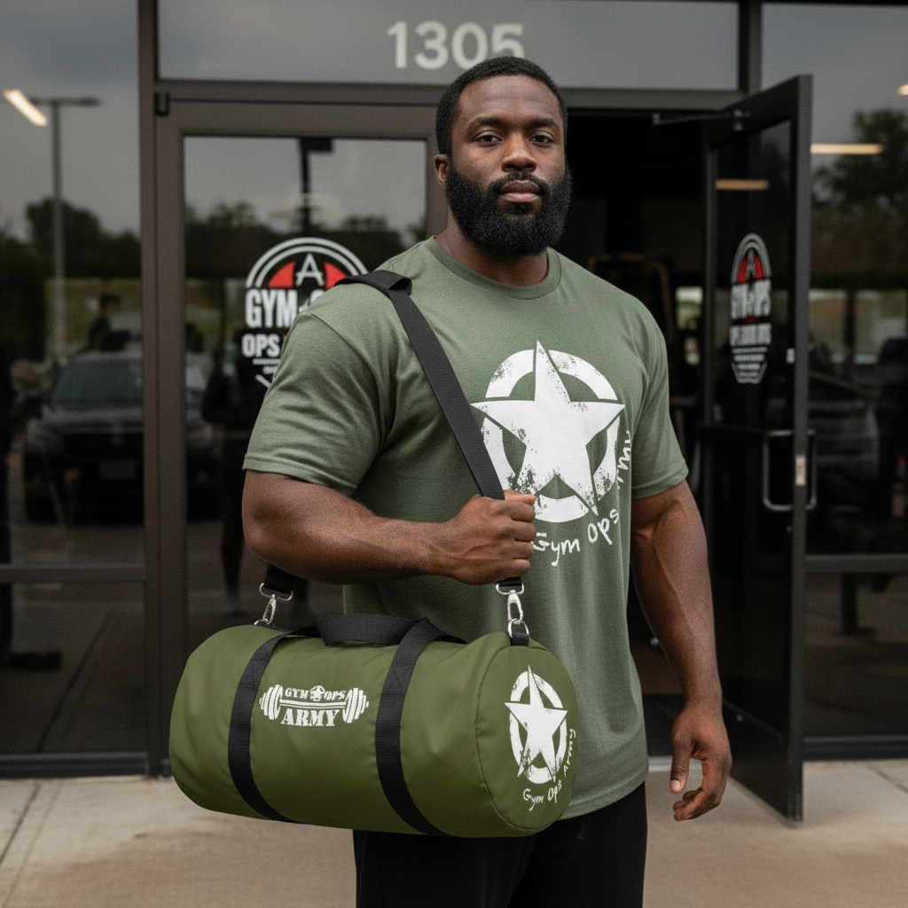 Bearded Black guy in Gym Ops Army t-shirt with duffel bag