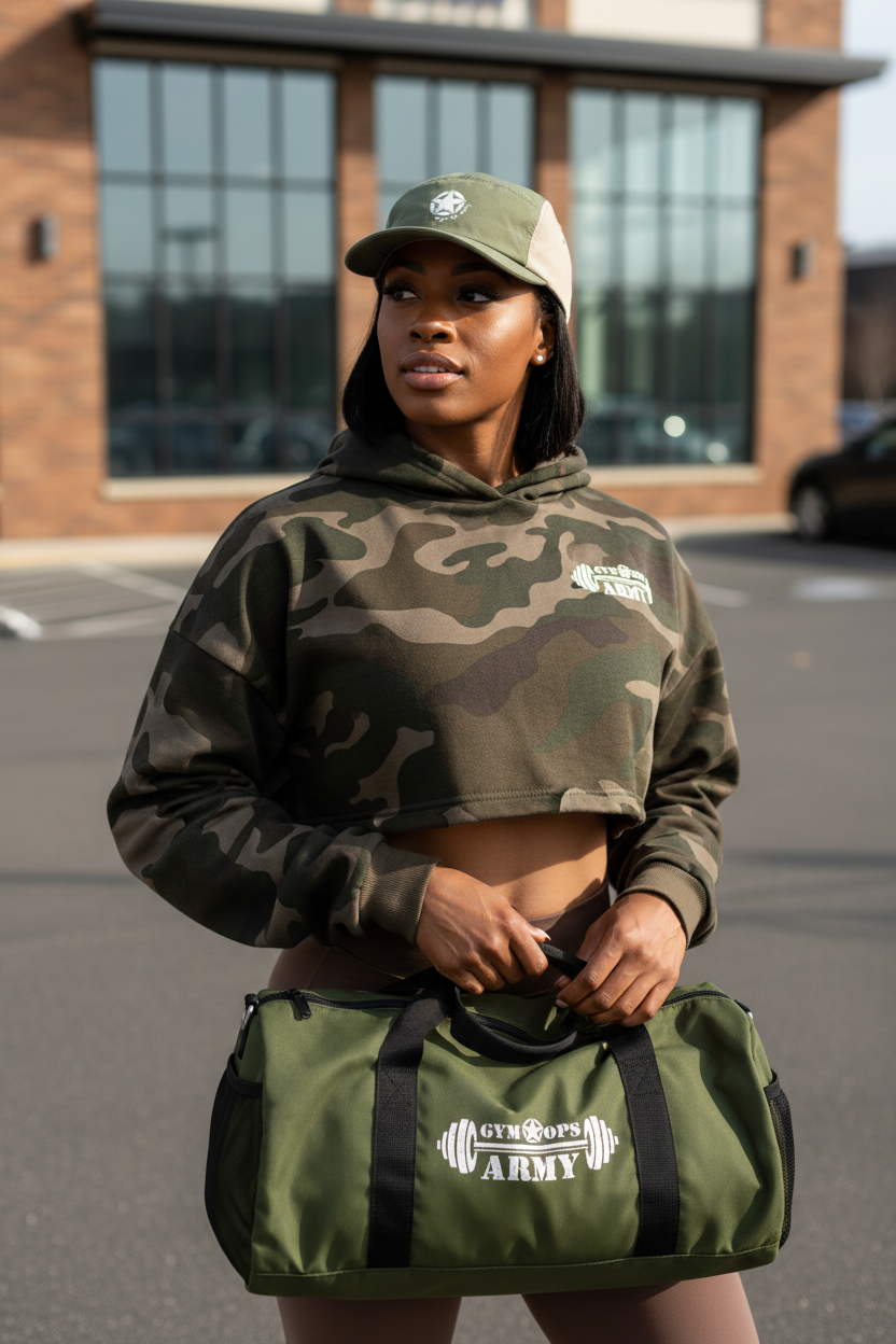 Black woman with Gym Ops Army crop hoodie, cap, and gym bag