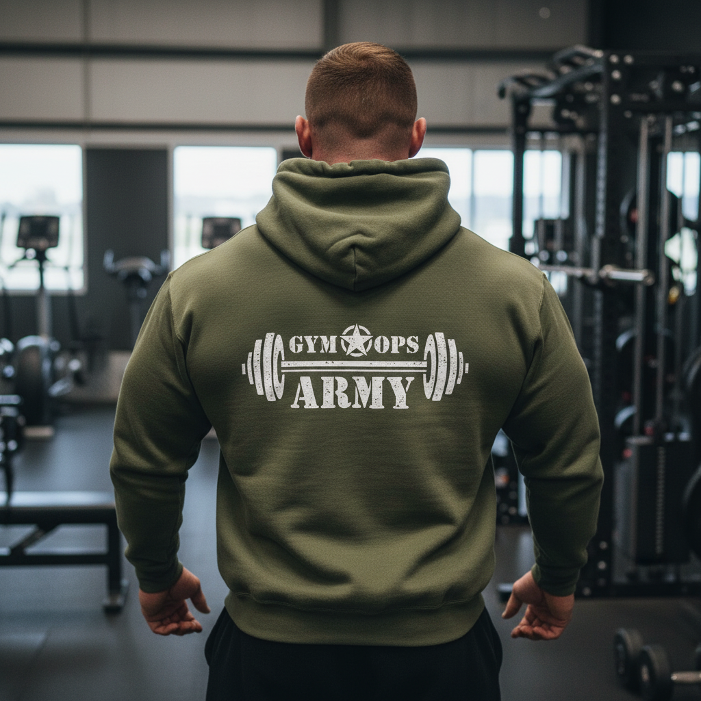 Bodybuilder wearing Gym Ops Army hoodie from back