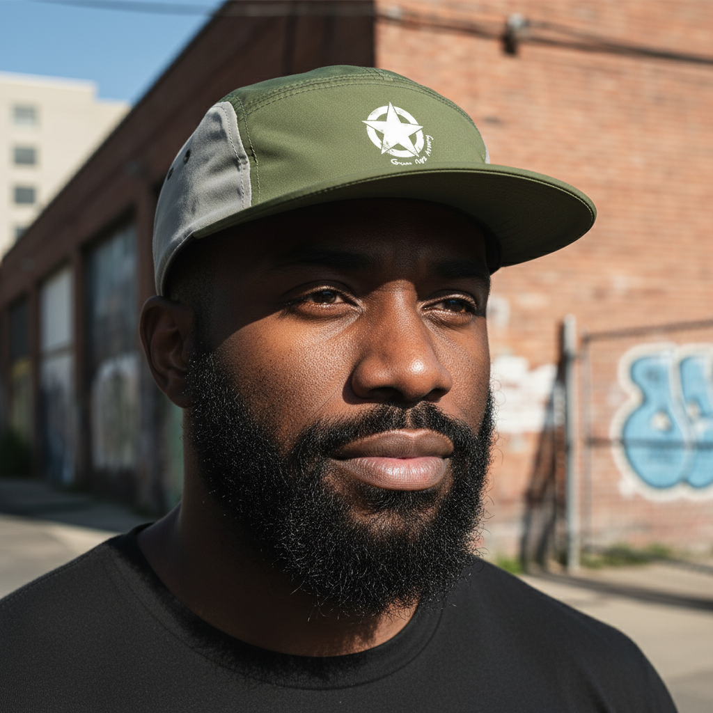 Close-up of bearded Black guy in Gym Ops Army hat