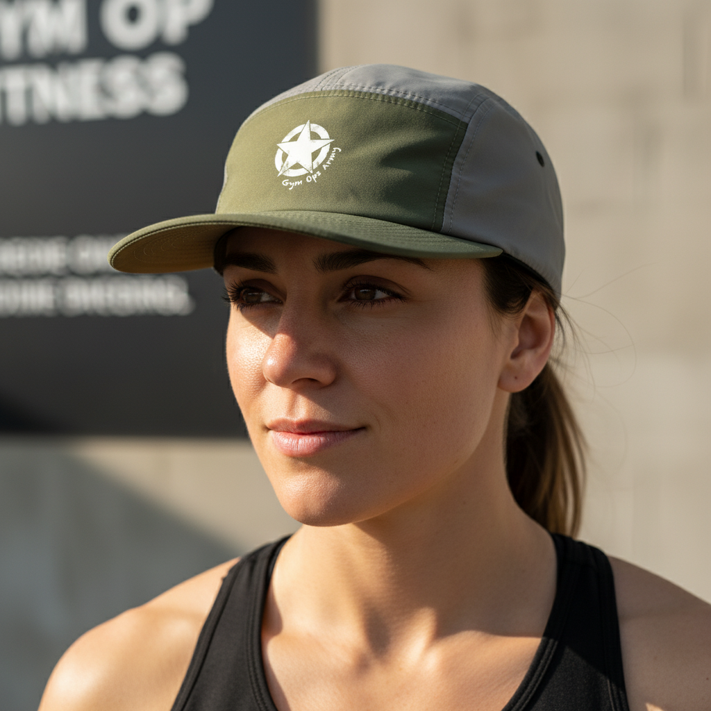 Close-up of fitness girl in Gym Ops Army hat