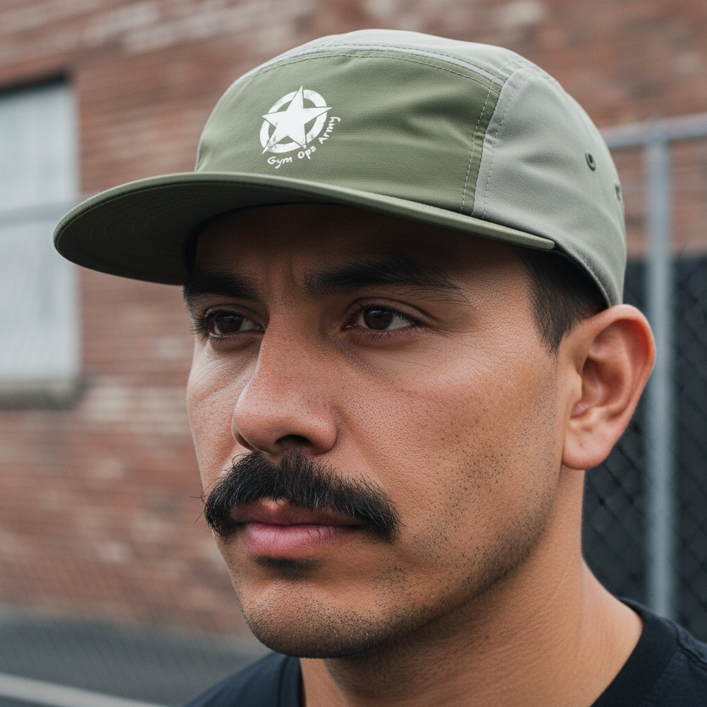 Close-up of mustached Mexican man in Gym Ops Army hat
