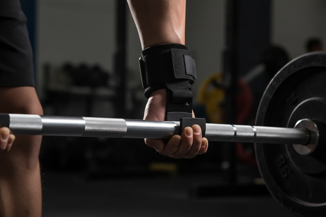 Close-up of NNEOBA PowerLift hook grips on barbell