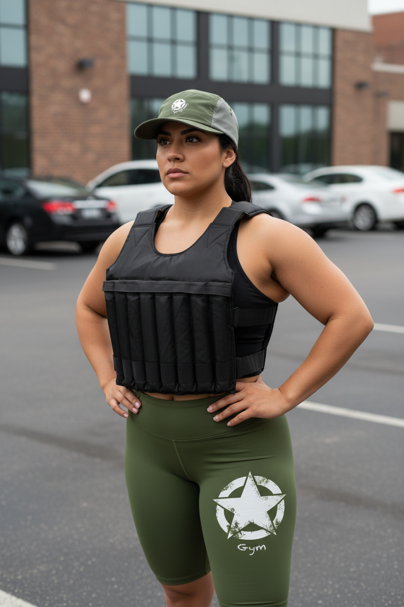 Curvy Mexican woman in weighted vest, capri leggings, and Gym Ops cap in parking lot
