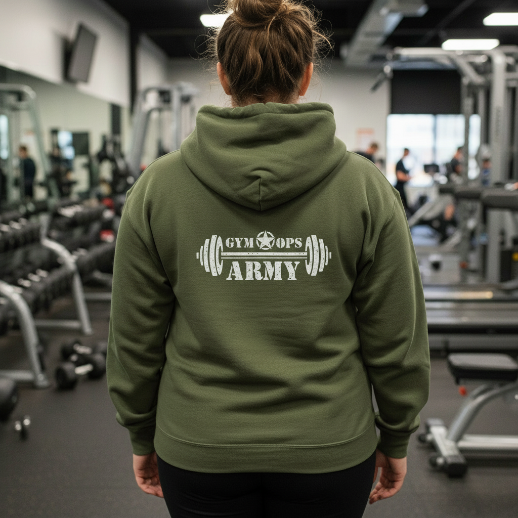 Curvy woman wearing Gym Ops Army hoodie with 40% smaller logo