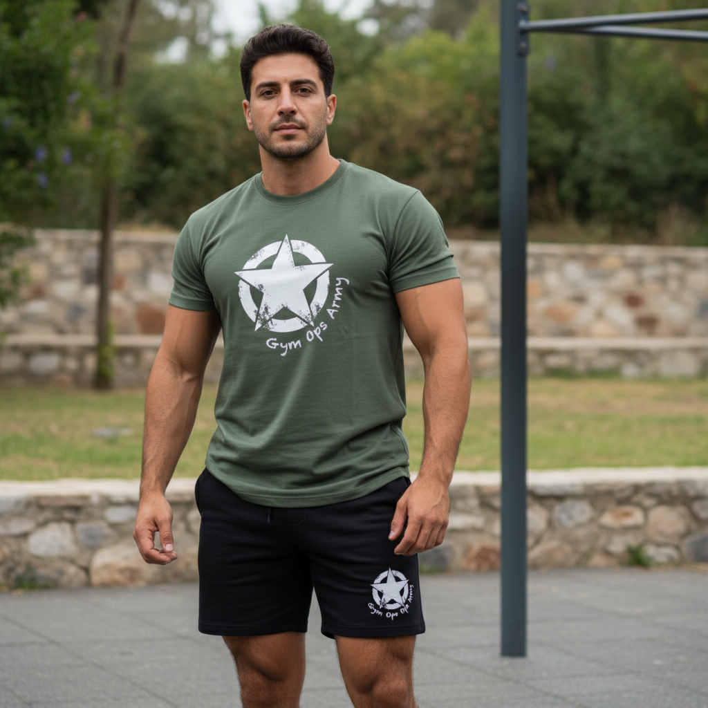 Greek guy in Gym Ops Army outfit with centered logo