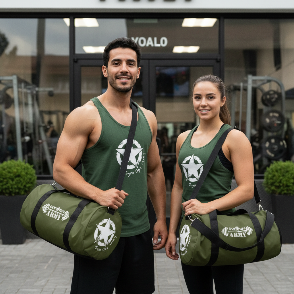 Guy and girl with correct tank tops and duffel bags