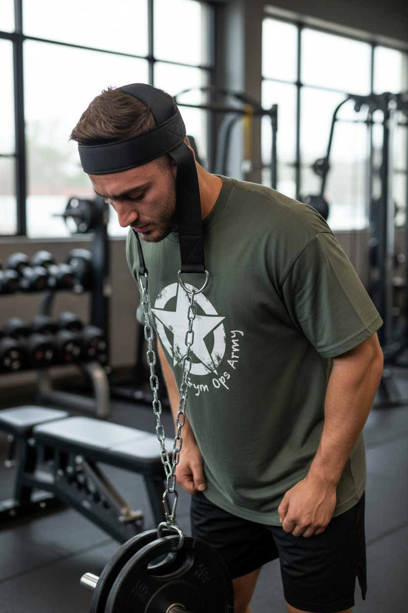 Man wearing bulking tee using exact NNEDSZ neck harness in gym