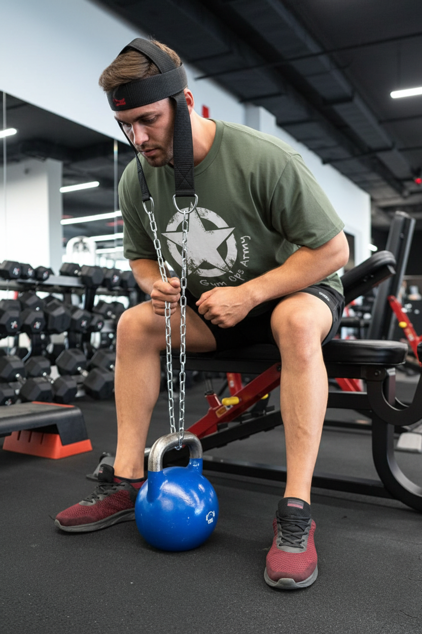 Man wearing bulking tee using NNEDSZ neck harness in gym