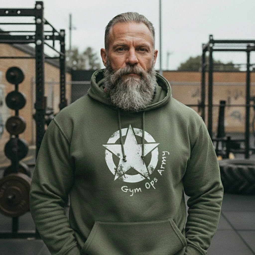Massively muscular heavyweight bodybuilder in Gym Ops Army hoodie