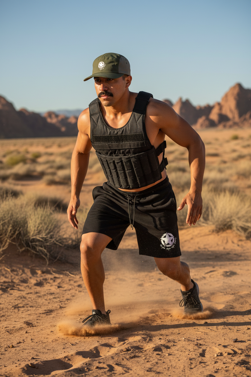 Mexican man with moustache in weighted vest, shorts, and Gym Ops cap in desert