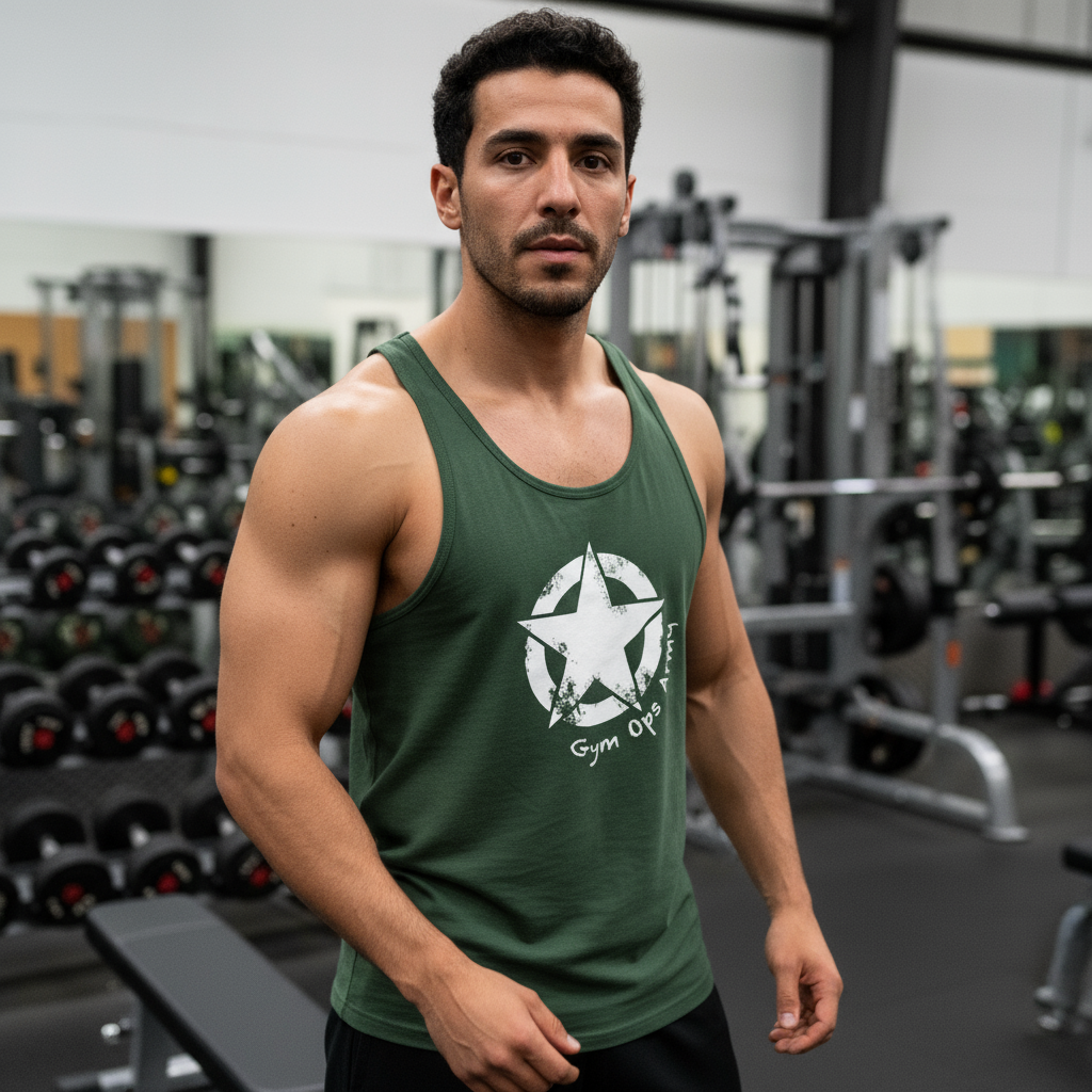 Middle Eastern guy in Gym Ops Army tank top