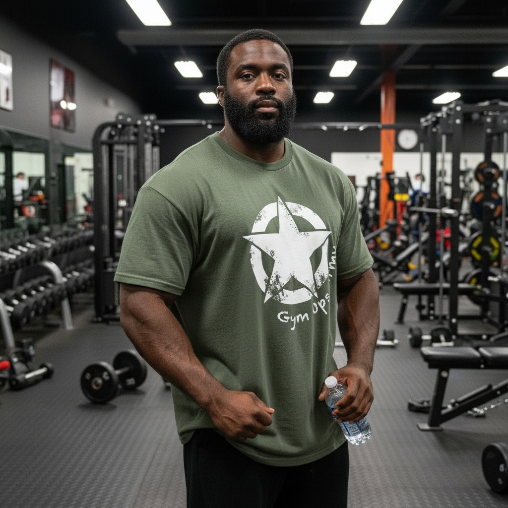 More muscular bearded Black bodybuilder in baggy shirt