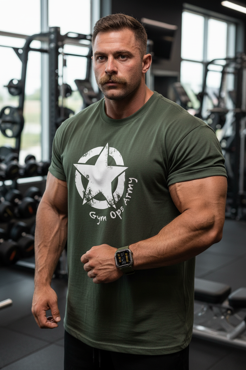 More muscular man with moustache and hairy arms wearing bulking tee and tactical watch in gym