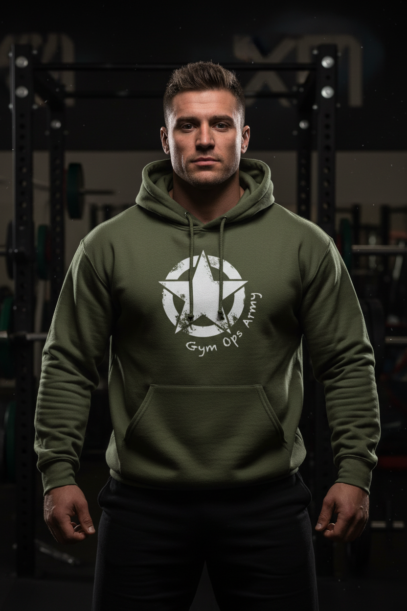 Muscular man in Gym Ops Army hoodie
