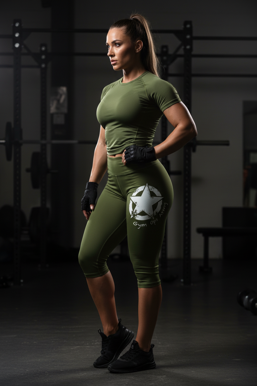 Woman in Army Gym Corps Capri Leggings