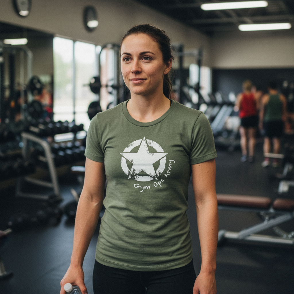 Woman wearing Gym Ops Army shirt