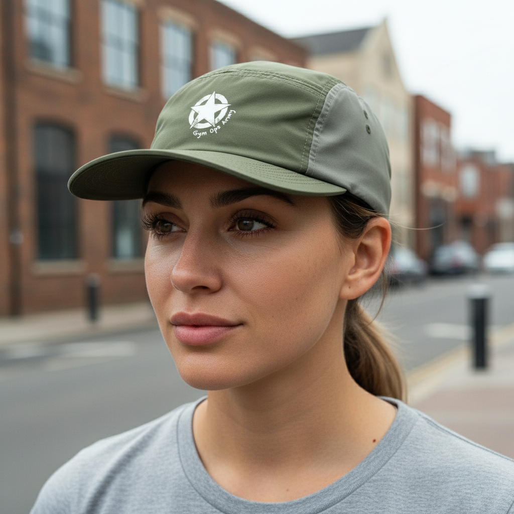 Woman with full lips wearing Gym Ops Army hat matching reference